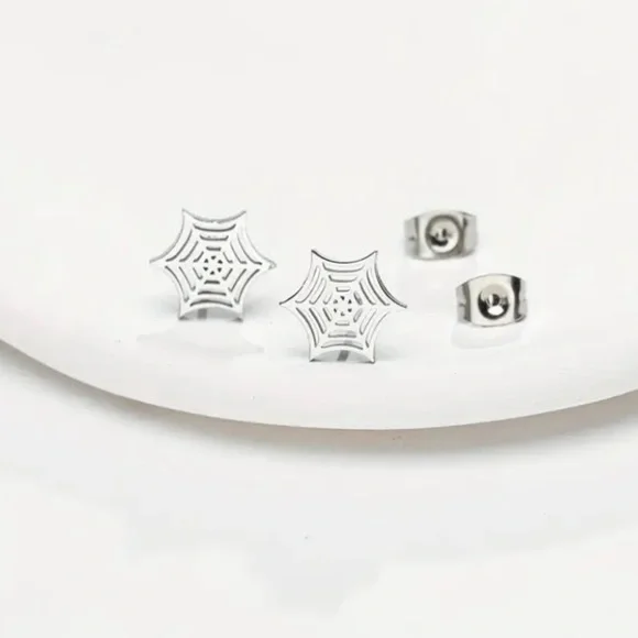 NEW Dainty Spider Web stud Earrings Silver color - Boutique - Picture 2 of 4